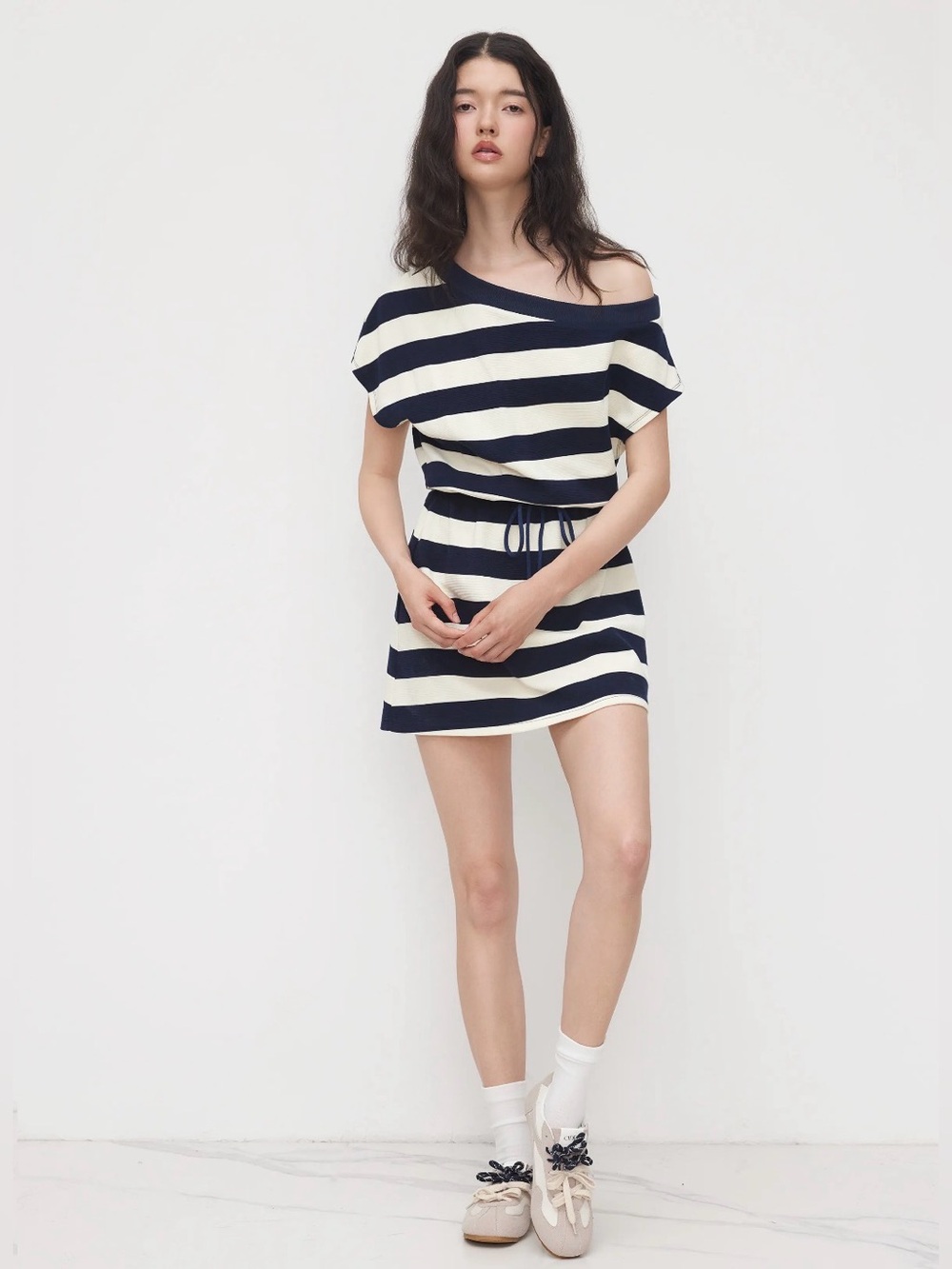 Cider Cotton Blend Striped Off-Shoulder Navy and White Mini Dress